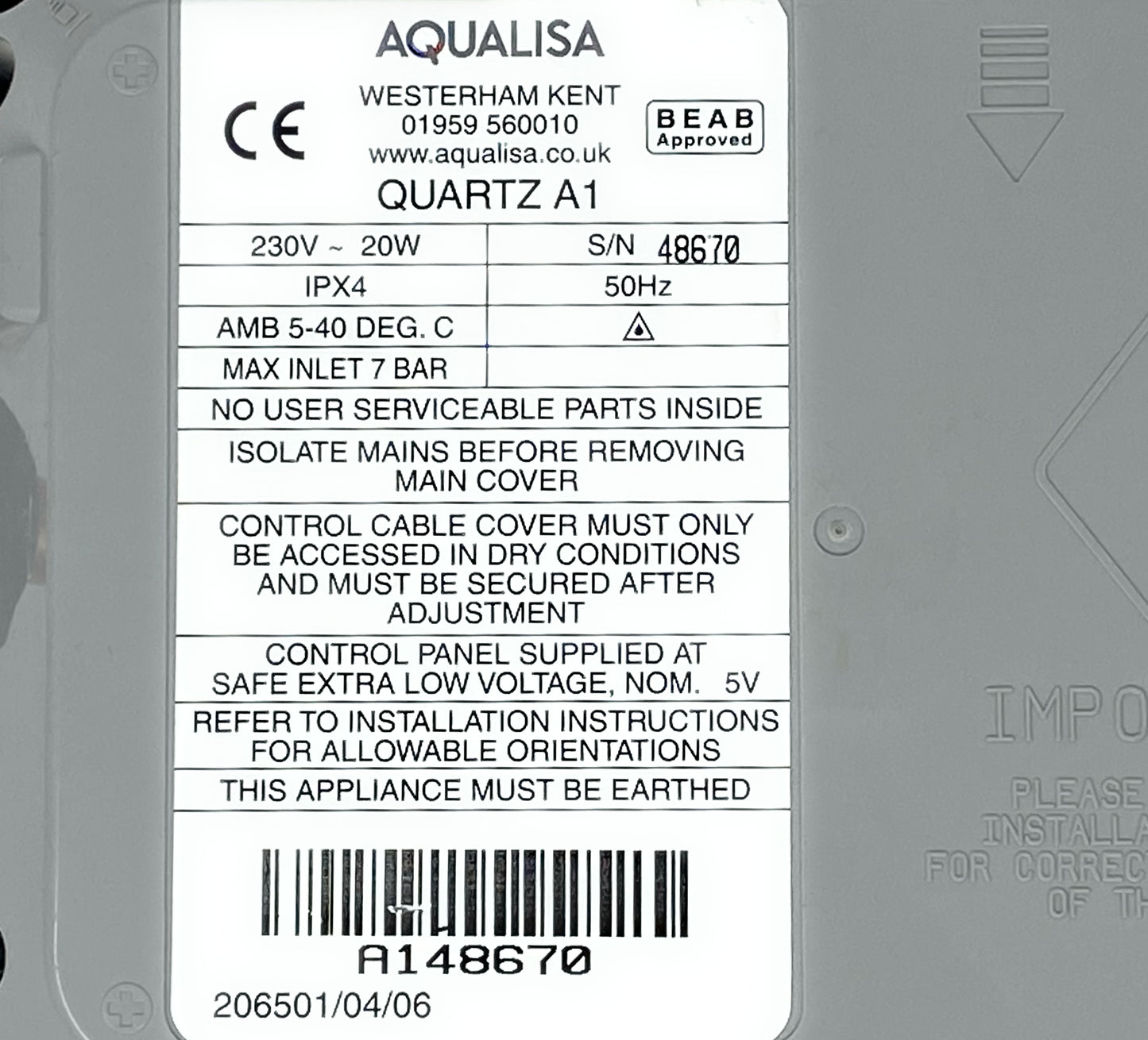 AQUALISA A1 STANDARD DIGITAL PROCESSOR COMBI/HP- LOW PRESSURE GRAVITY FED (Grey)