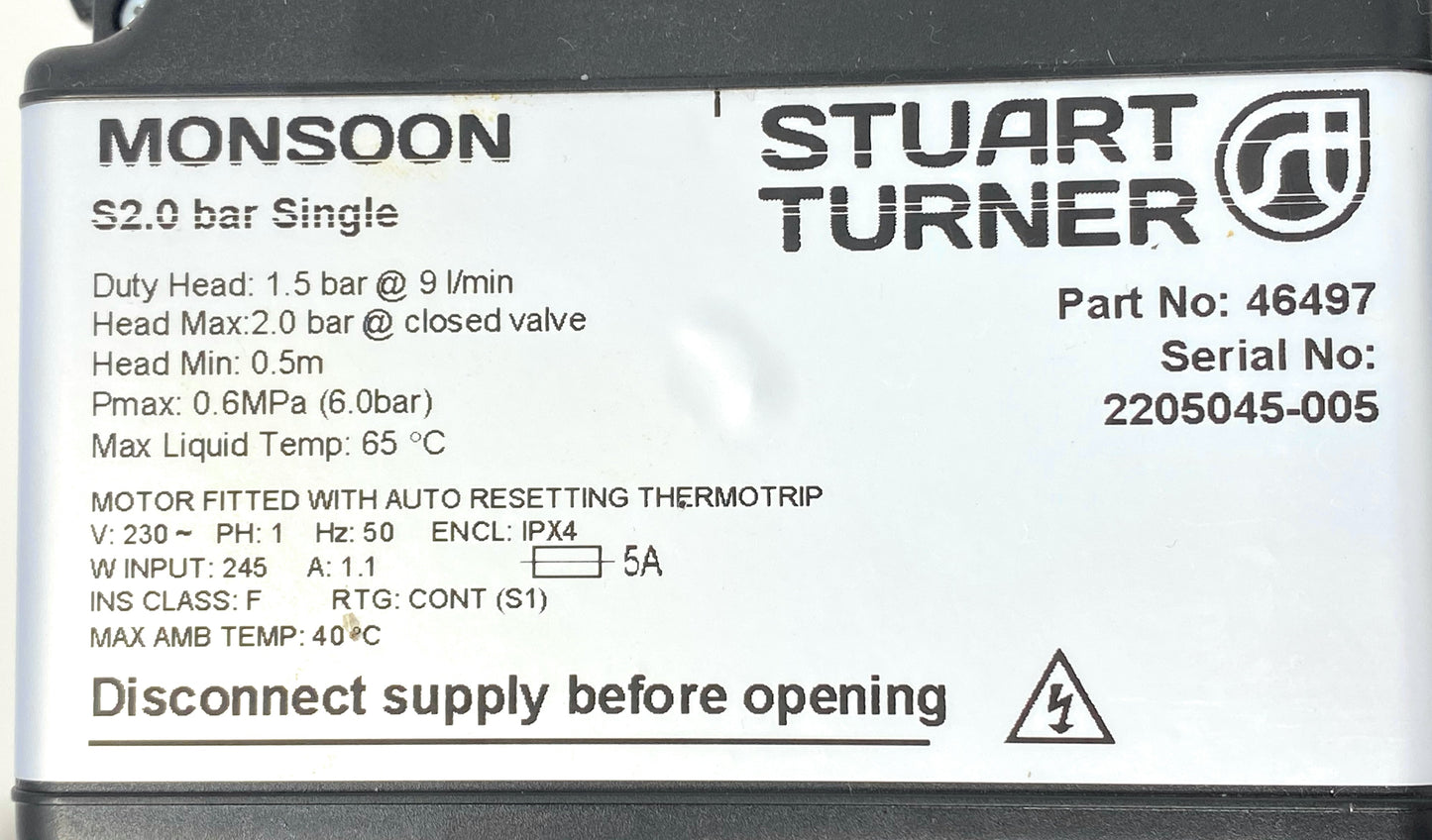 Stuart Turner Monsoon 2 Bar Standard Single Positive Pump (black) 46497