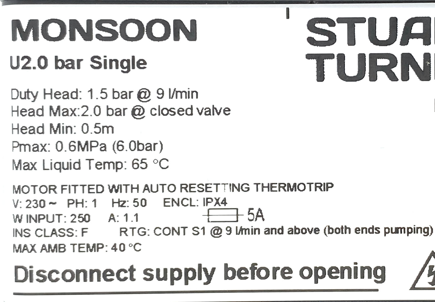 Stuart Turner Monsoon 2 Bar Negative Single Pump (black) 46498