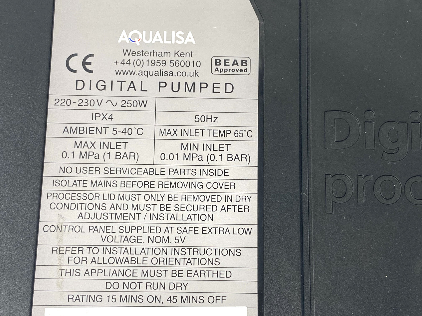 AQUALISA PUMPED A2 DIGITAL PROCESSOR- LOW PRESSURE GRAVITY FED 434100 (Black)