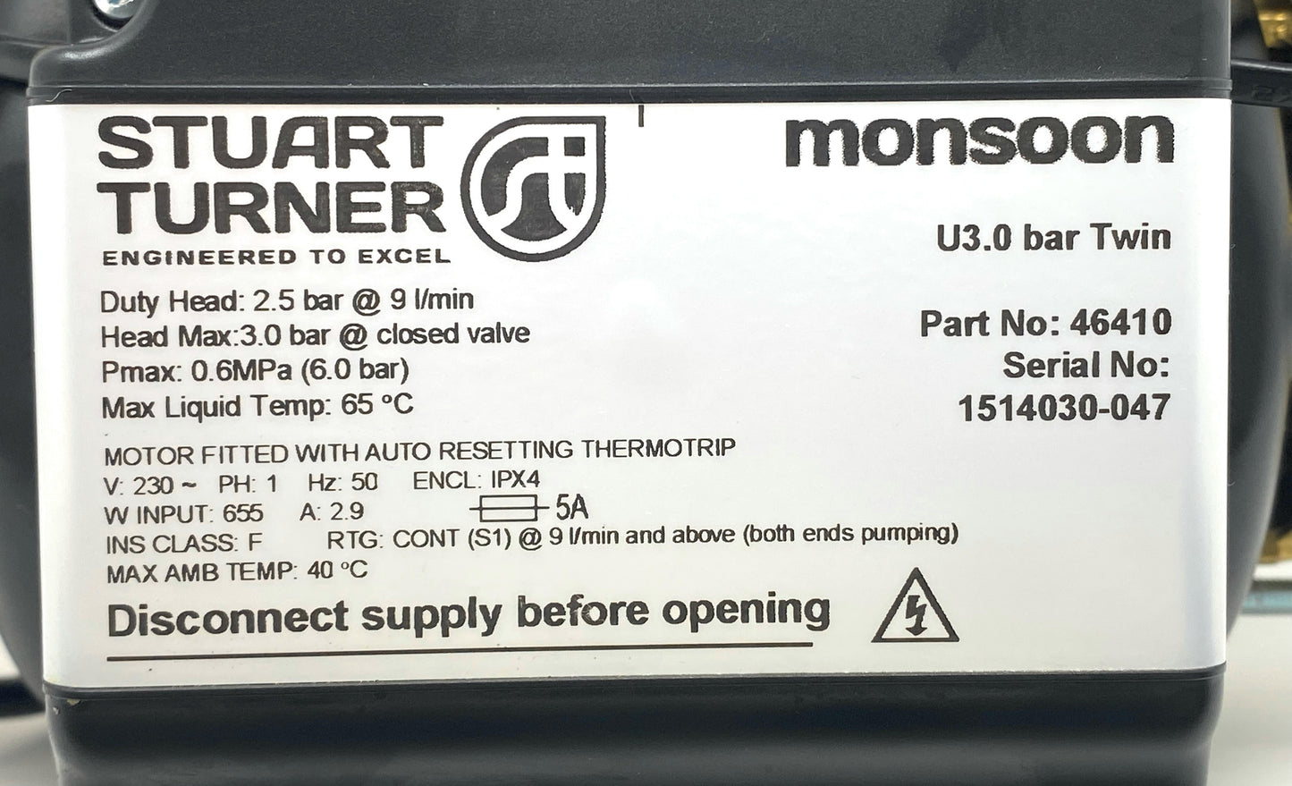 Stuart Turner Monsoon 3 Bar Universal Negative Twin Pump (black) 46410 / 44437